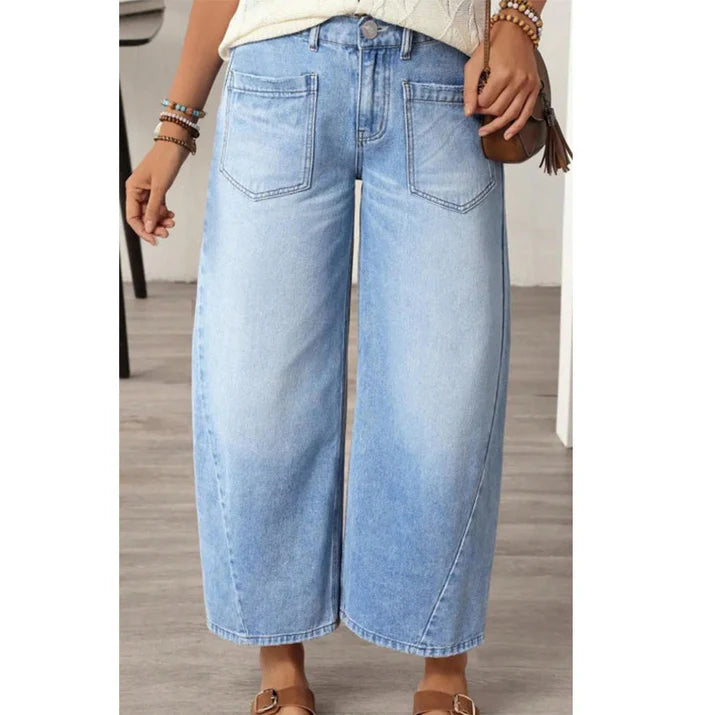 Women's Wide Leg Denim Jeans with Front Patch Pockets