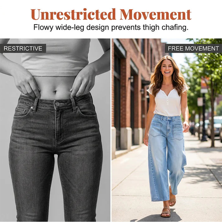 Women's Wide Leg Denim Jeans with Front Patch Pockets