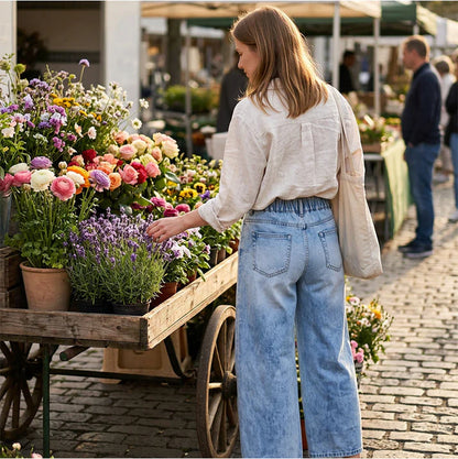 Women's Wide Leg Denim Jeans with Front Patch Pockets
