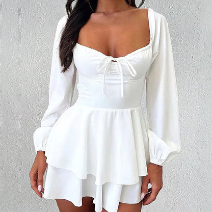 Women's Long Sleeve Sweetheart Neck Skort Dress