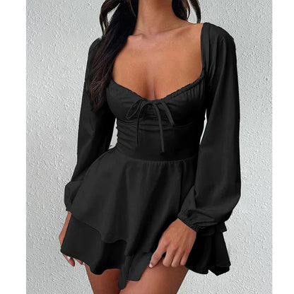 Women's Long Sleeve Sweetheart Neck Skort Dress