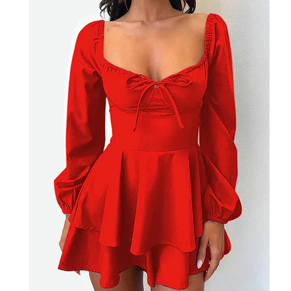 Women's Long Sleeve Sweetheart Neck Skort Dress