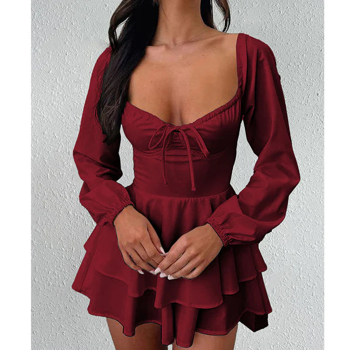 Women's Long Sleeve Sweetheart Neck Skort Dress