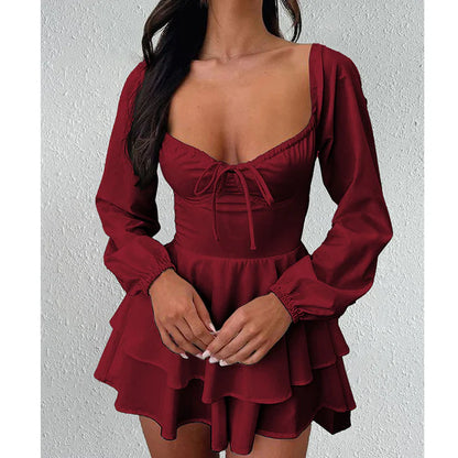 Women's Long Sleeve Sweetheart Neck Skort Dress