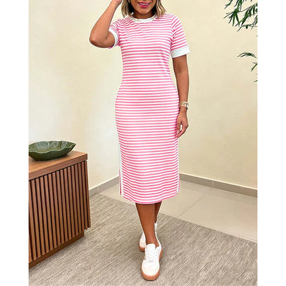 Women's Short Sleeve Striped Midi Dress