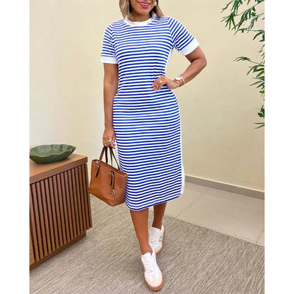 Women's Short Sleeve Striped Midi Dress