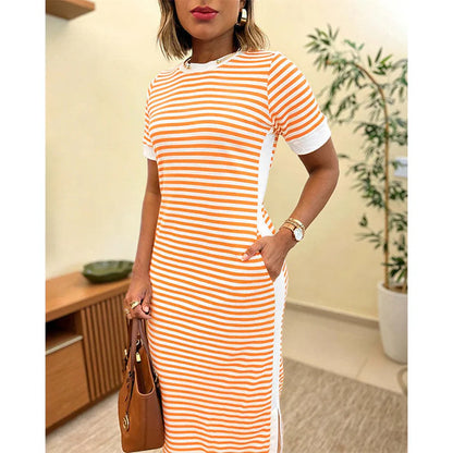 Women's Short Sleeve Striped Midi Dress