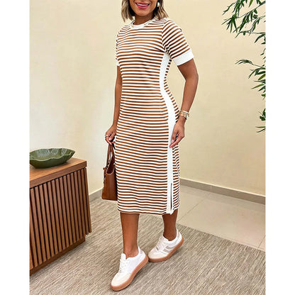 Women's Short Sleeve Striped Midi Dress