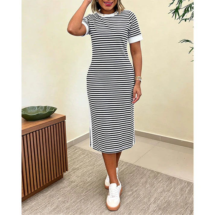 Women's Short Sleeve Striped Midi Dress
