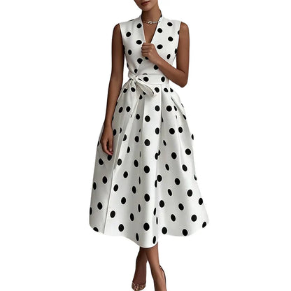 Women's Polka Dot Sleeveless Wrap Midi Dress