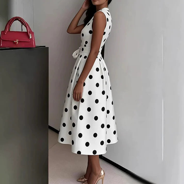 Women's Polka Dot Sleeveless Wrap Midi Dress