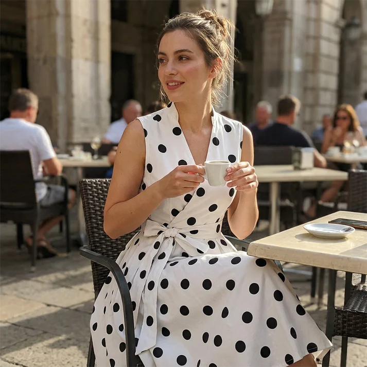 Women's Polka Dot Sleeveless Wrap Midi Dress