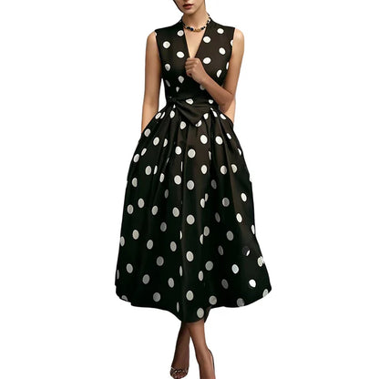Women's Polka Dot Sleeveless Wrap Midi Dress