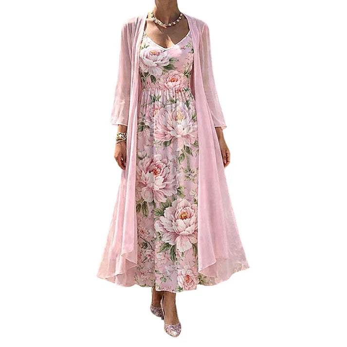 Women's Floral Maxi Dress with Longline Cardigan