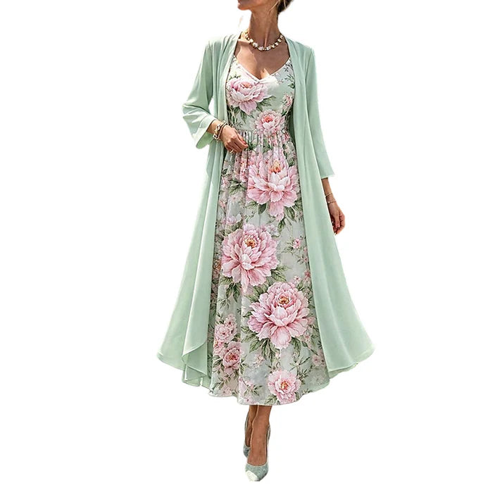 Women's Floral Maxi Dress with Longline Cardigan