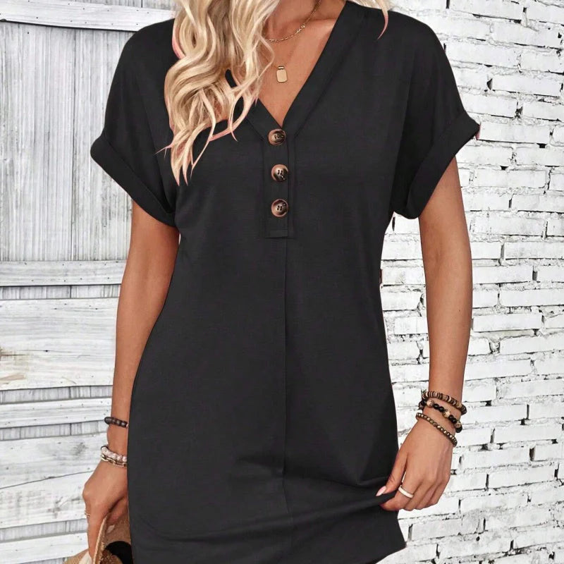 Women's V-Neck Button T-Shirt Dress