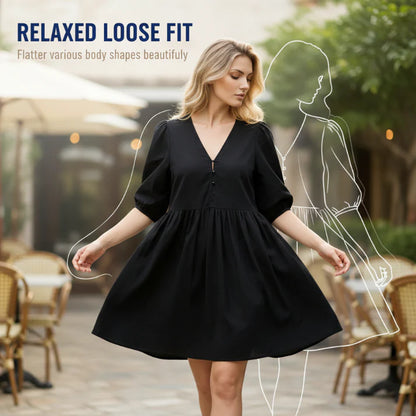 Women's V-Neck Puff Sleeve Babydoll Mini Dress