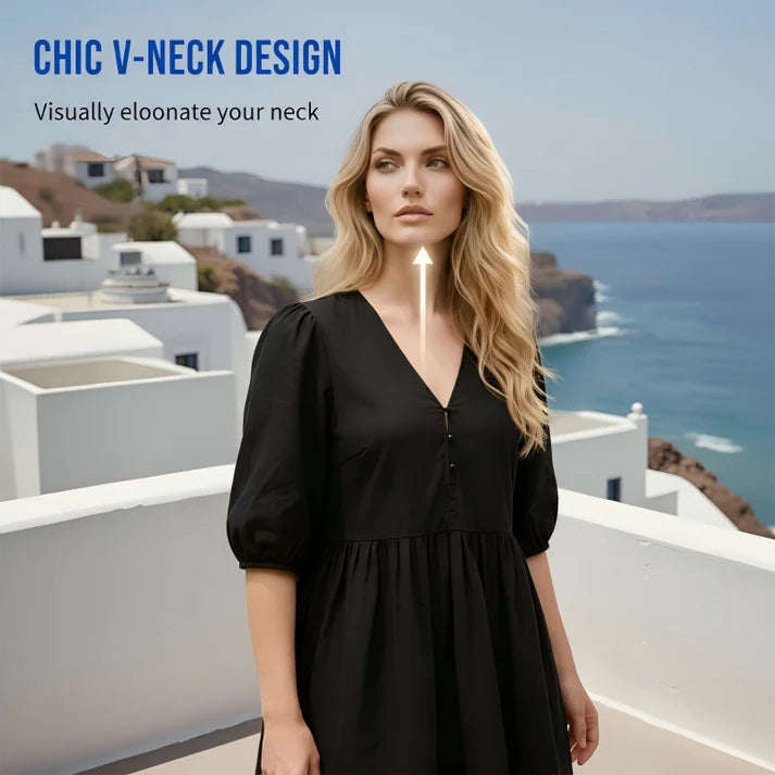 Women's V-Neck Puff Sleeve Babydoll Mini Dress