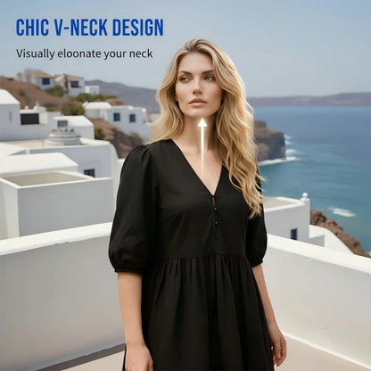 Women's V-Neck Puff Sleeve Babydoll Mini Dress