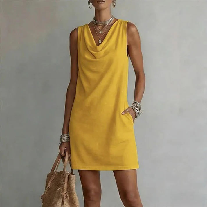 Women's Sleeveless Cowl Neck Pocket Dress