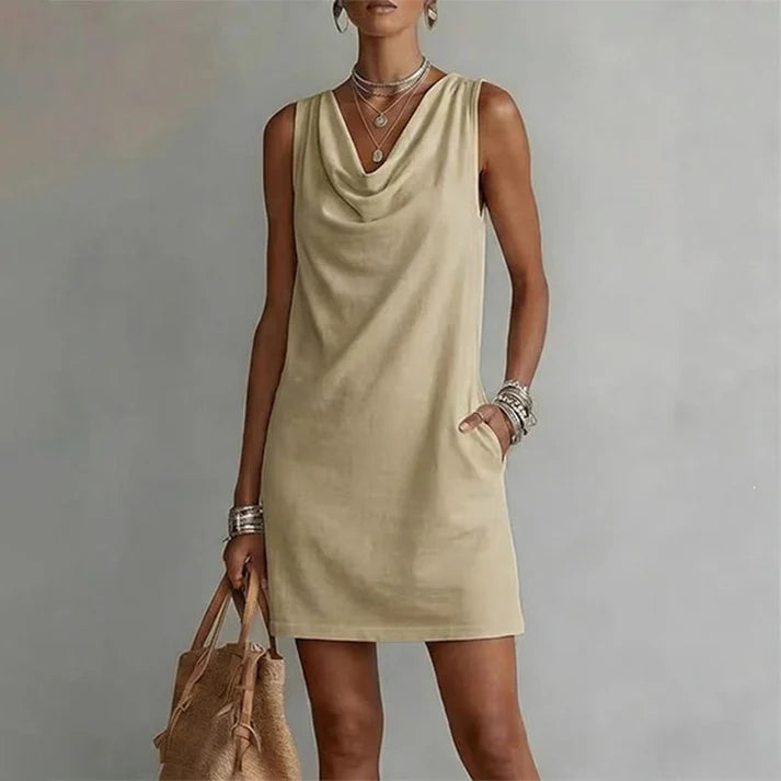Women's Sleeveless Cowl Neck Pocket Dress