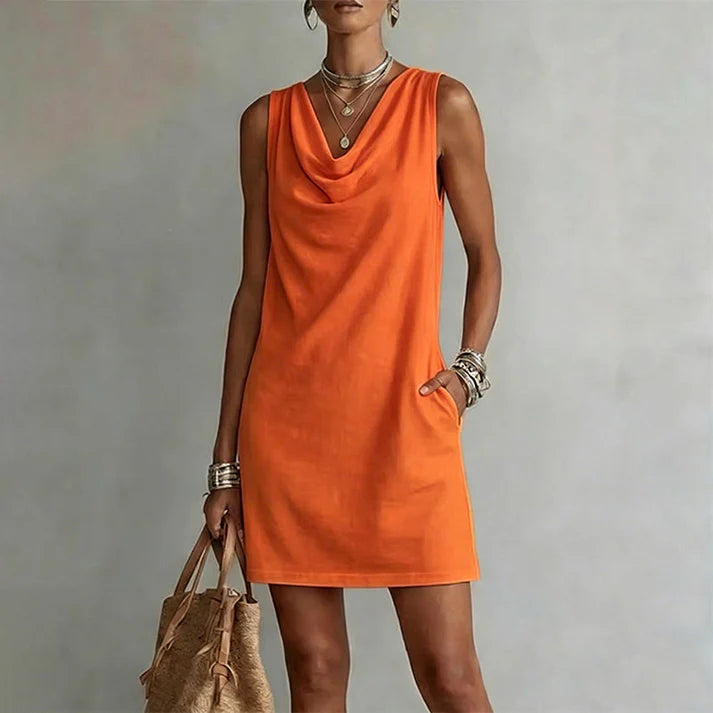 Women's Sleeveless Cowl Neck Pocket Dress