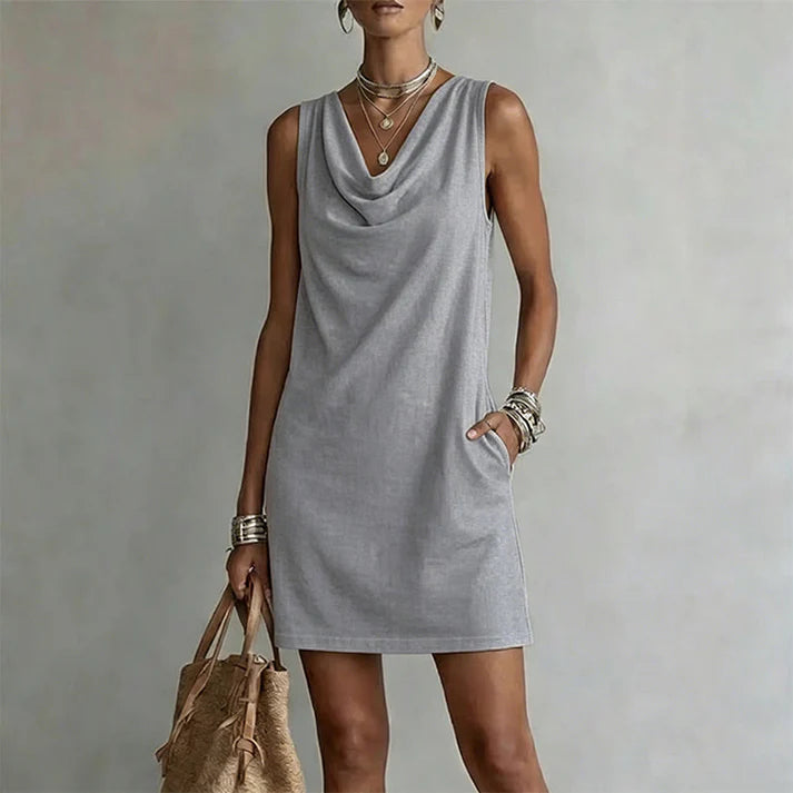 Women's Sleeveless Cowl Neck Pocket Dress