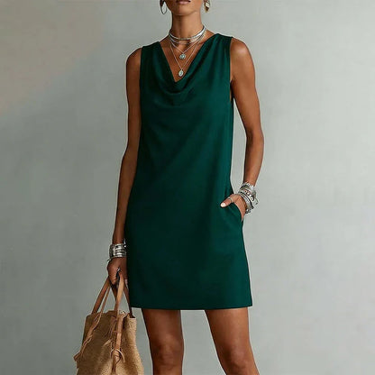 Women's Sleeveless Cowl Neck Pocket Dress