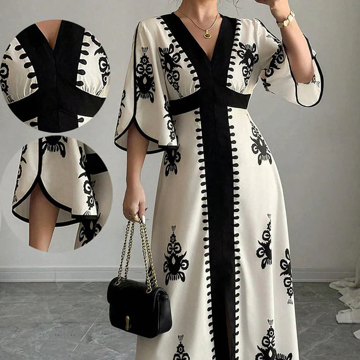 Women's V-Neck Printed Bell Sleeve Maxi Dress