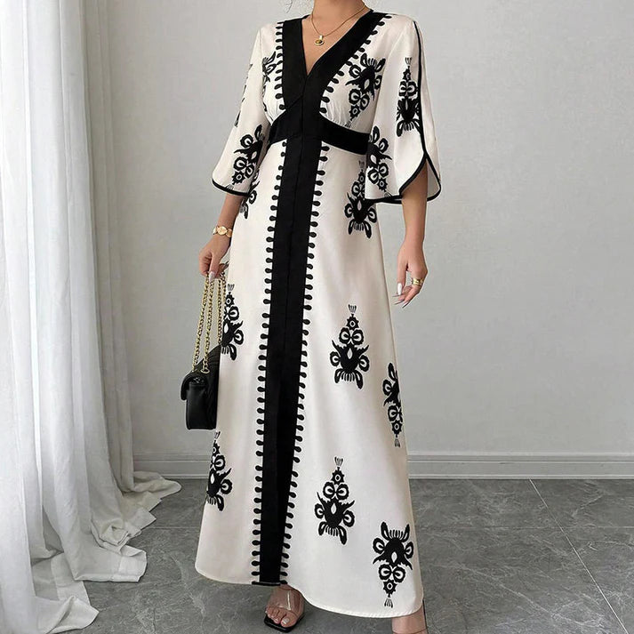 Women's V-Neck Printed Bell Sleeve Maxi Dress