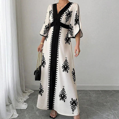 Women's V-Neck Printed Bell Sleeve Maxi Dress