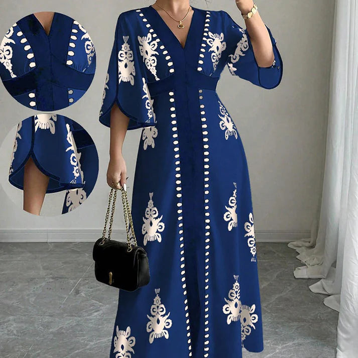 Women's V-Neck Printed Bell Sleeve Maxi Dress