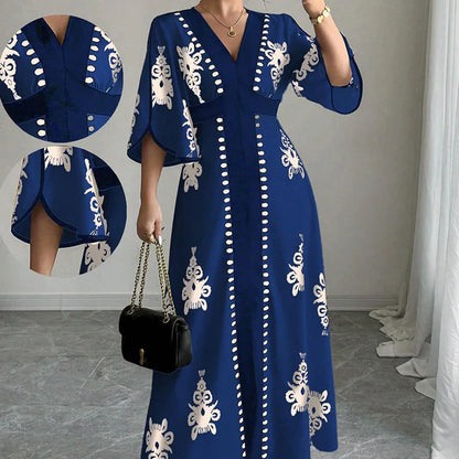 Women's V-Neck Printed Bell Sleeve Maxi Dress