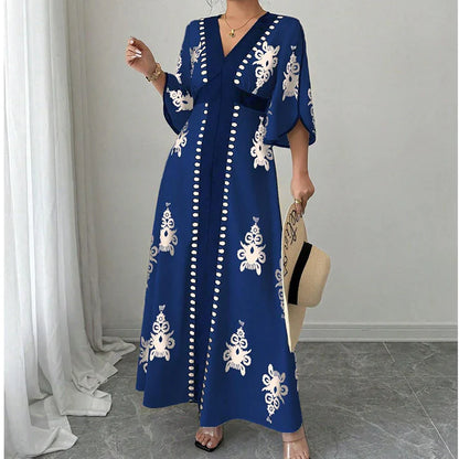 Women's V-Neck Printed Bell Sleeve Maxi Dress