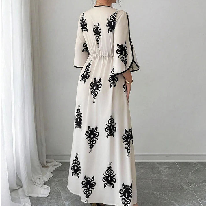 Women's V-Neck Printed Bell Sleeve Maxi Dress