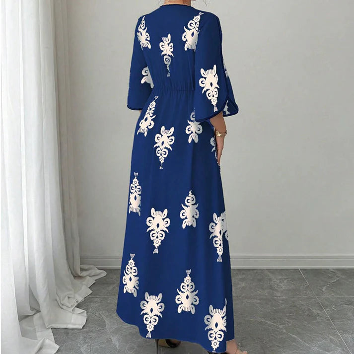 Women's V-Neck Printed Bell Sleeve Maxi Dress
