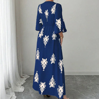 Women's V-Neck Printed Bell Sleeve Maxi Dress