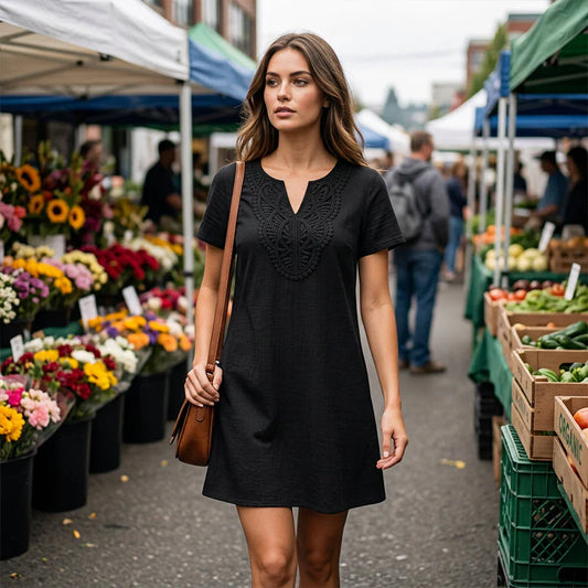 Women's Embroidered V-Neck Short Sleeve Dress