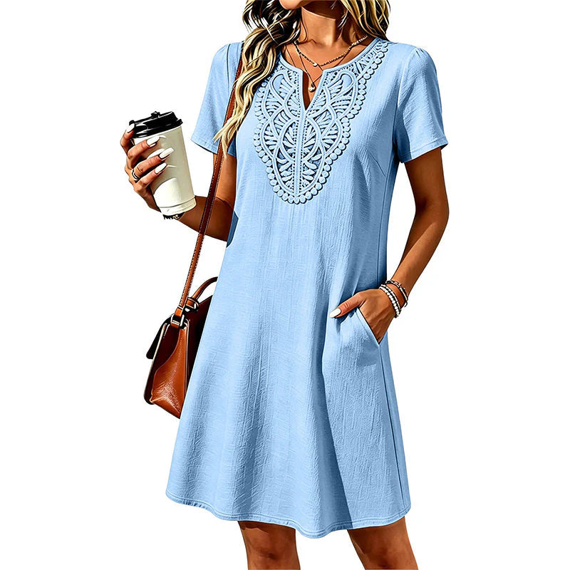 Women's Embroidered V-Neck Short Sleeve Dress