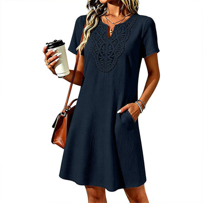 Women's Embroidered V-Neck Short Sleeve Dress
