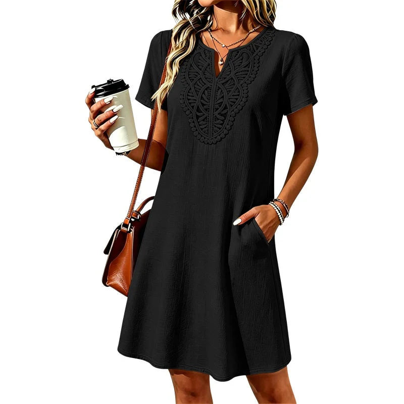 Women's Embroidered V-Neck Short Sleeve Dress
