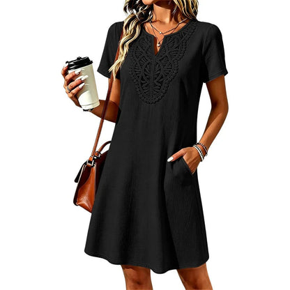 Women's Embroidered V-Neck Short Sleeve Dress