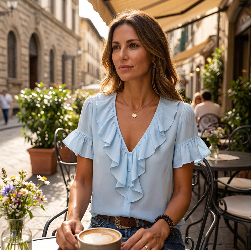Women's Ruffle V-Neck Button Front Blouse