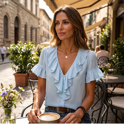 Women's Ruffle V-Neck Button Front Blouse