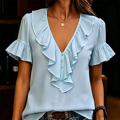 Women's Ruffle V-Neck Button Front Blouse