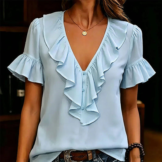 Women's Ruffle V-Neck Button Front Blouse