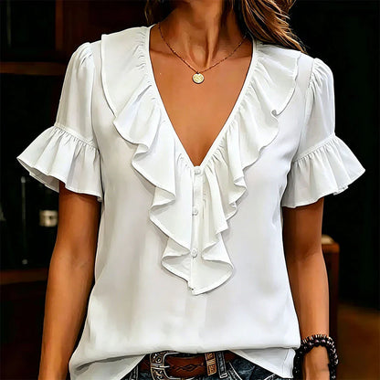 Women's Ruffle V-Neck Button Front Blouse
