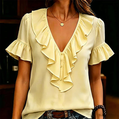 Women's Ruffle V-Neck Button Front Blouse