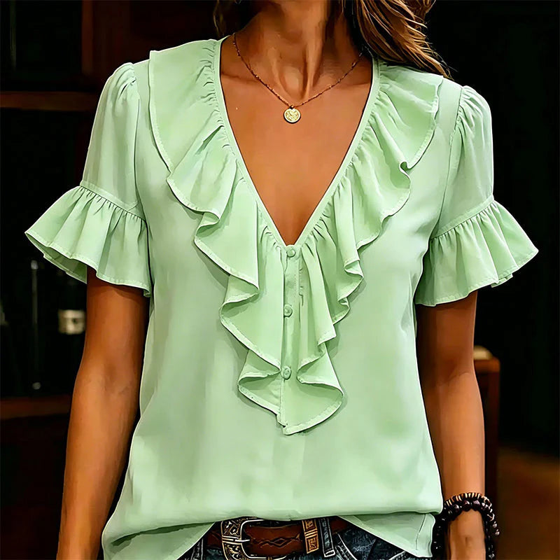 Women's Ruffle V-Neck Button Front Blouse