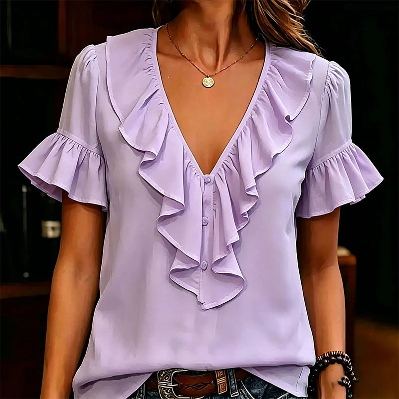 Women's Ruffle V-Neck Button Front Blouse
